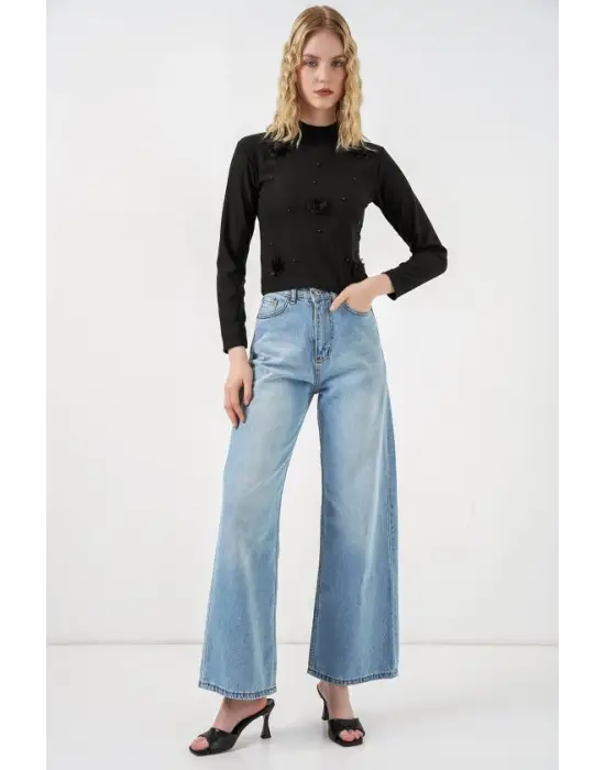 Çiçekli Örme Bluz 978 - Siyah