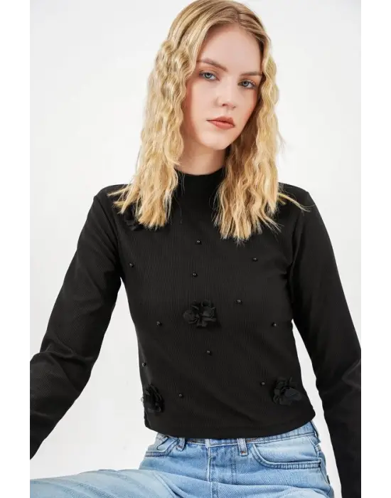 Çiçekli Örme Bluz 978 - Siyah