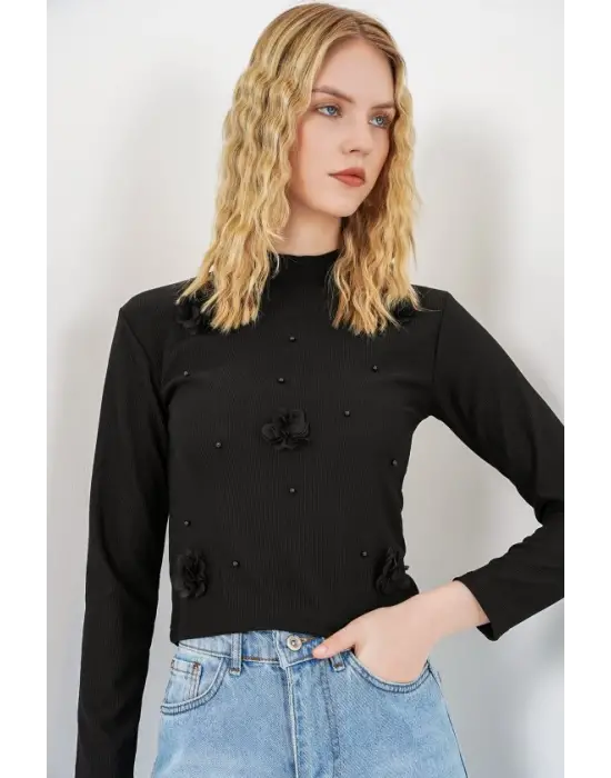 Çiçekli Örme Bluz 978 - Siyah
