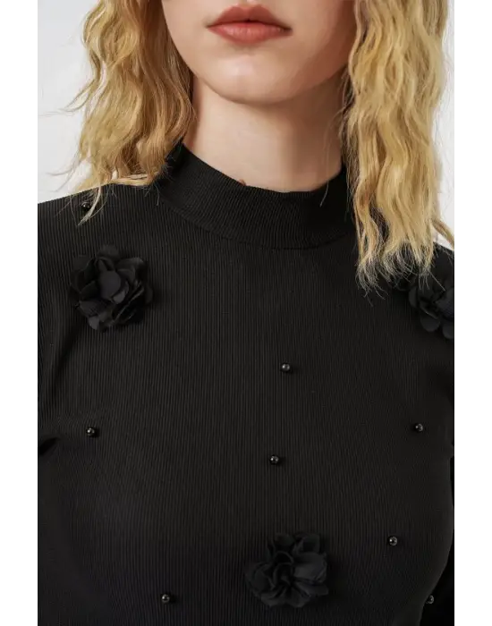 Çiçekli Örme Bluz 978 - Siyah