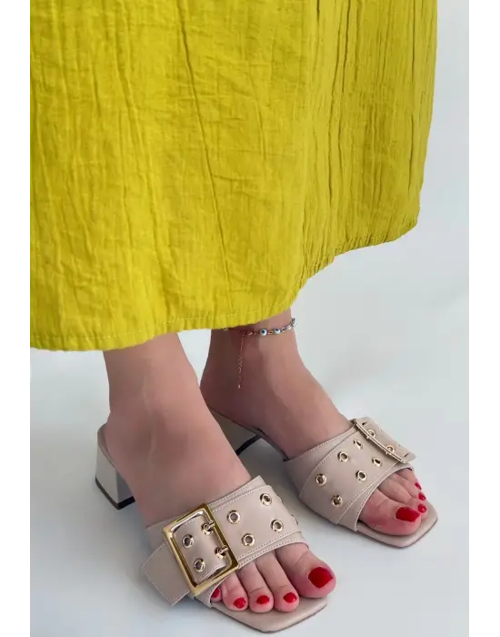 Ciey Bej Cilt Topuklu Terlik