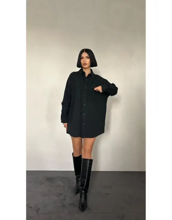 Omarı Siyah Çift Cep Kapaklı Gömlek