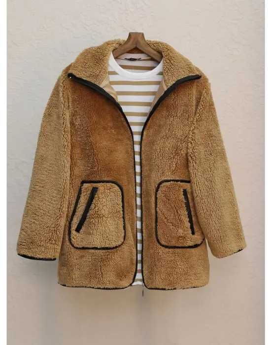 Tarçın Çift Cepli Fermuarlı Astarlı Peluş Mont Kadın Giyim