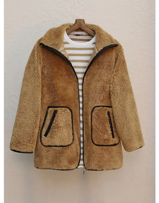 Omarı Yumuşak Peluş Mont Tarçın Rengi İle Şıklığı Yakalayın