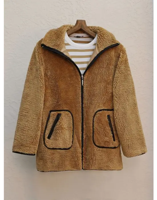 Tarçın Çift Cepli Fermuarlı Astarlı Peluş Mont Kadın Giyim