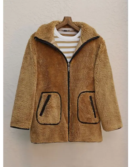 Omarı Yumuşak Peluş Mont Tarçın Rengi İle Şıklığı Yakalayın