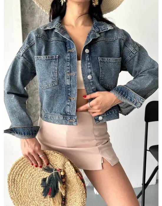 Çift cepli kol katlamalı kar yıkama crop kot ceket kahve tint d2000