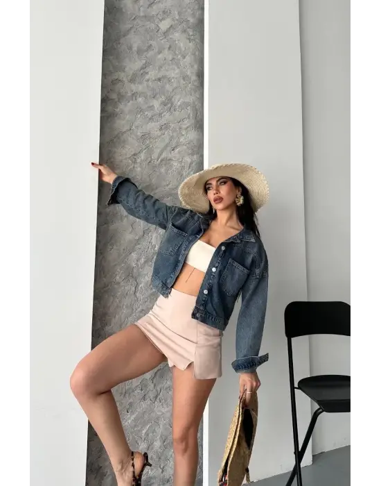 Çift cepli kol katlamalı kar yıkama crop kot ceket kahve tint d2000