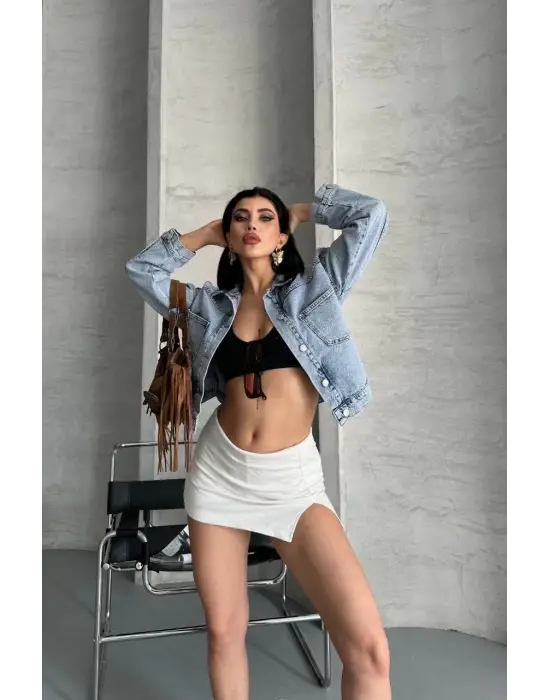 Çift cepli kol katlamalı kar yıkama  crop kot ceket mavi d2000