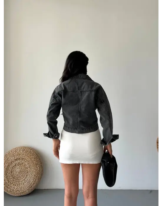 Çift cepli kol katlamalı süper taş enzim yıkama crop kot ceket füme d2000