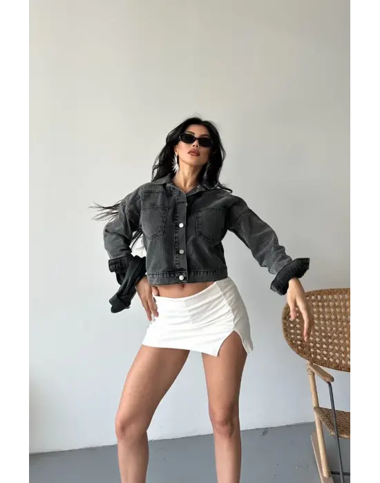 Çift cepli kol katlamalı süper taş enzim yıkama crop kot ceket füme d2000