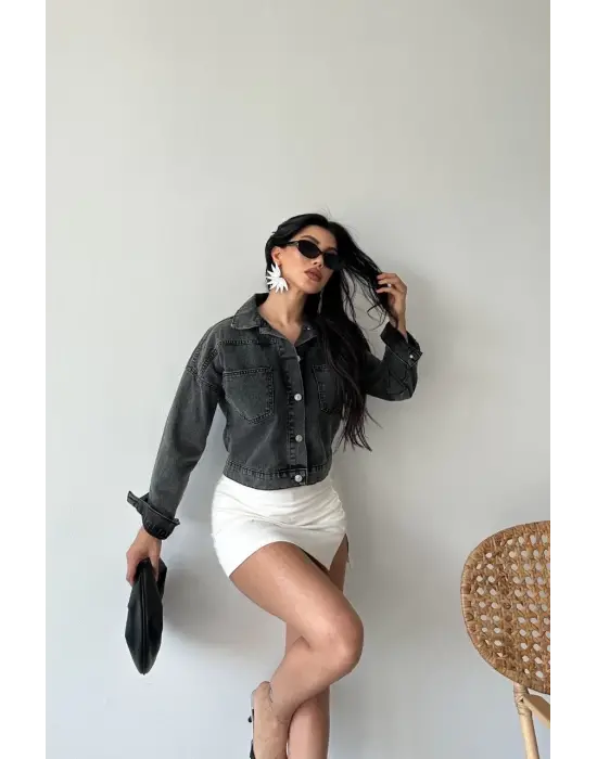 Çift cepli kol katlamalı süper taş enzim yıkama crop kot ceket füme d2000