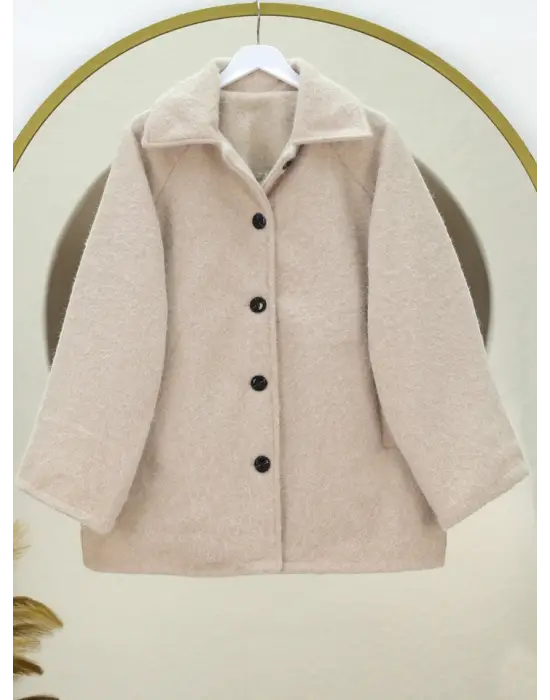 Omarı Astarlı Çift Cep Detaylı Bej Buklet Kaban