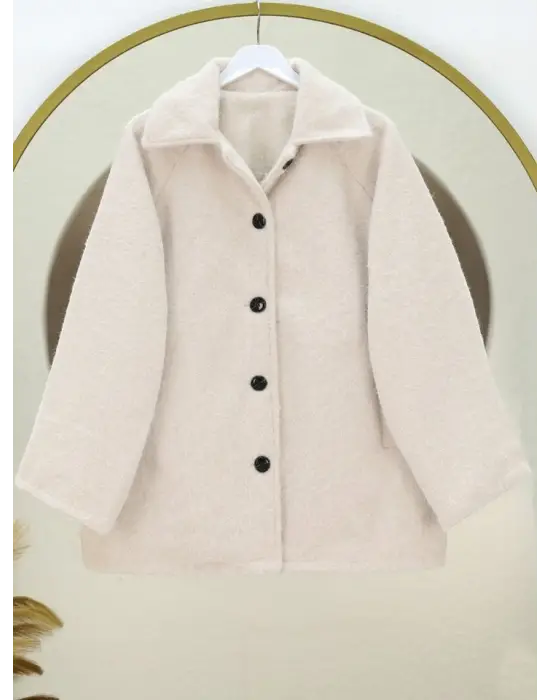 Çift Cepli Önü Düğmeli Astarlı Buklet Kaban -Ekru