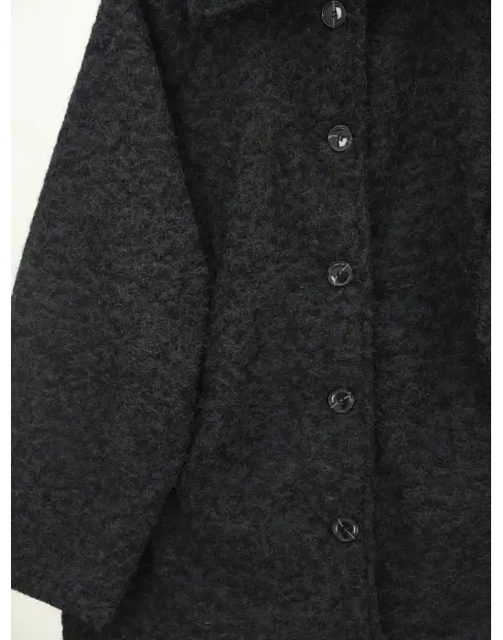 Çift Cepli Önü Düğmeli Astarlı Buklet Kaban -Siyah