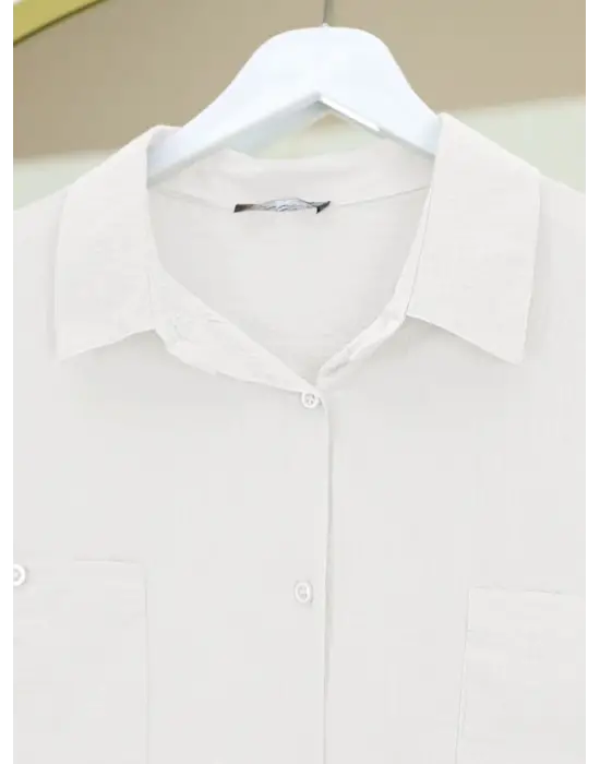 Beyaz Çift Cepli Oval Kesim Tunik