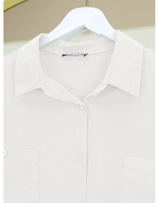 Omarı Şık Oval Kesim Çift Cep Detaylı Beyaz Gömlek Tunik