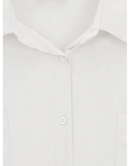 Beyaz Çift Cepli Oval Kesim Tunik