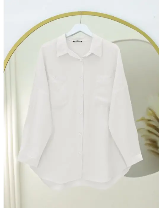 Omarı Şık Oval Kesim Çift Cep Detaylı Beyaz Gömlek Tunik