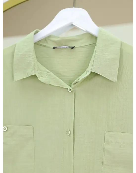 Çift Cepli Oval Kesim Kolu Katlamalı Gömlek Tunik -Çağla Y.