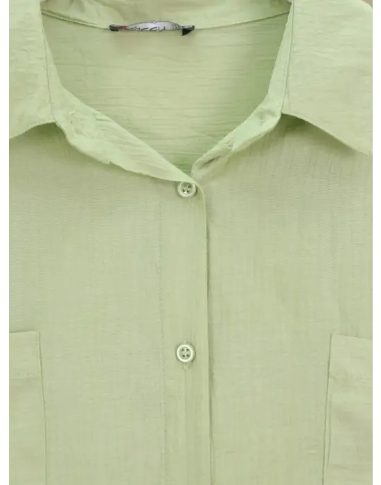 Çift Cepli Oval Kesim Kolu Katlamalı Gömlek Tunik -Çağla Y.