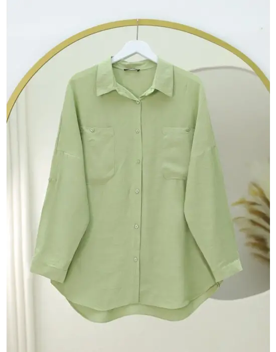 Çift Cepli Oval Kesim Kolu Katlamalı Gömlek Tunik