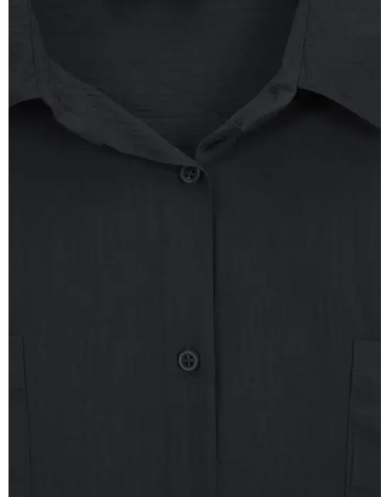 Siyah Çift Cepli Oval Kesim Gömlek Tunik