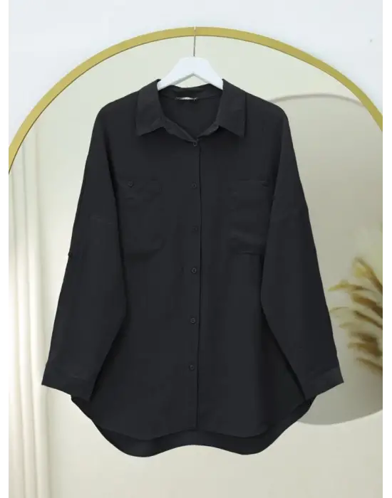 Omarı Etkileyici Oval Kesim Çift Cep Detaylı Gömlek Tunic