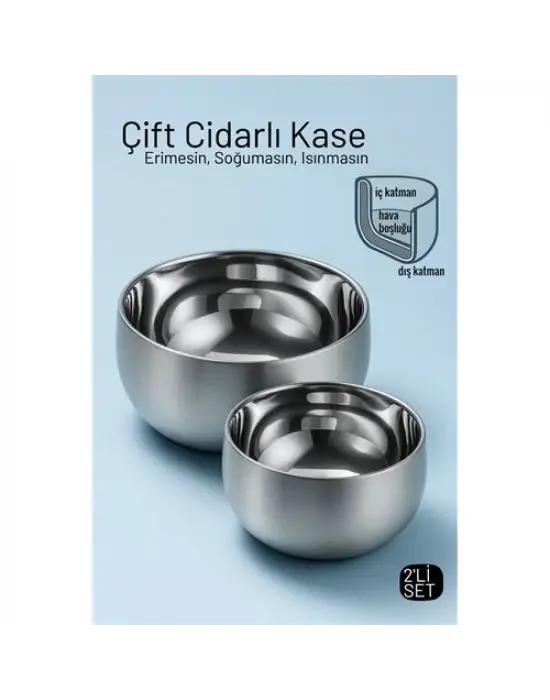 Çift Cidarlı Isı Yalıtımlı 2’li Lüks Kase Seti (16cm & 18cm) Premium 304 Paslanmaz Çelik