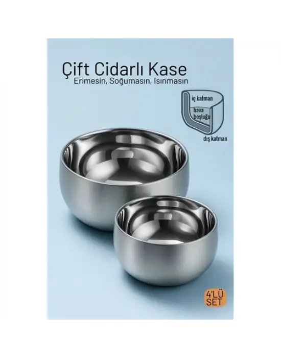 Çift Cidarlı Isı Yalıtımlı 4lü Lüks Kase Seti (16cm & 18cm) Premium 304 Paslanmaz Çelik