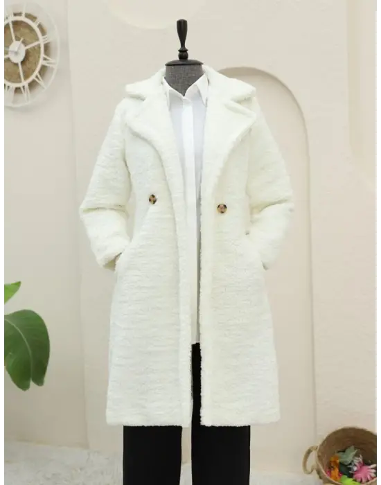 Ekru Çift Düğmeli Peluş Kaban