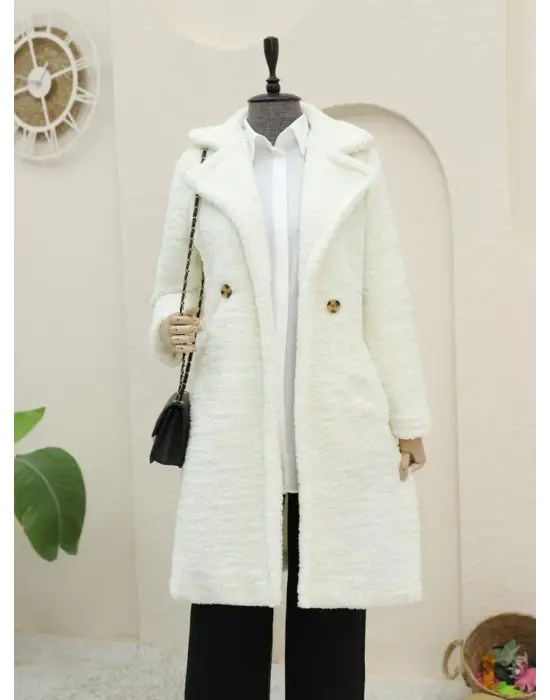 Ekru Çift Düğmeli Peluş Kaban