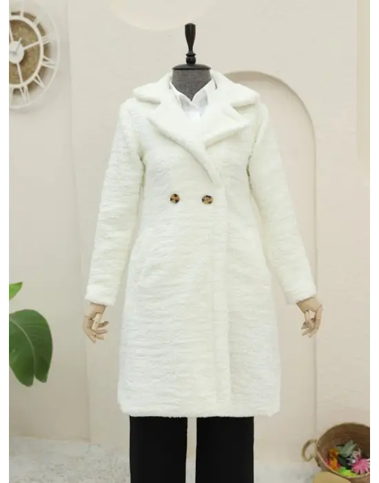 Çift Düğmeli Astarlı Yan Cepli Peluş Kaban -Ekru