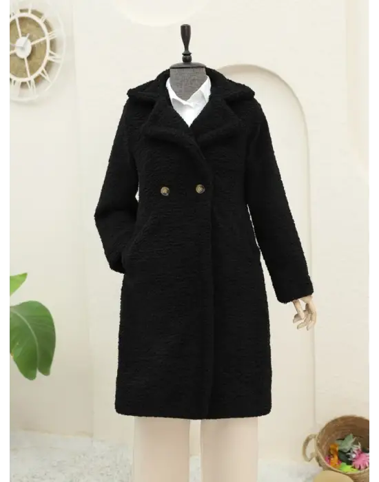 Çift Düğmeli Astarlı Yan Cepli Peluş Kaban -Siyah