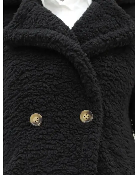 Çift Düğmeli Astarlı Yan Cepli Peluş Kaban -Siyah