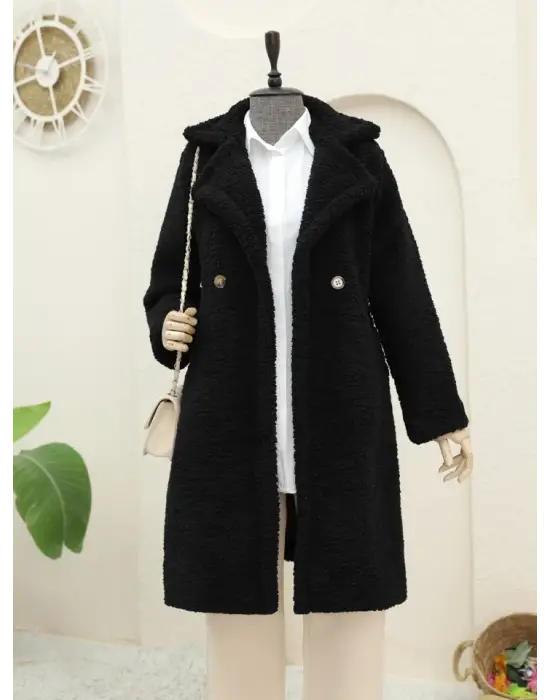 Çift Düğmeli Astarlı Yan Cepli Peluş Kaban -Siyah