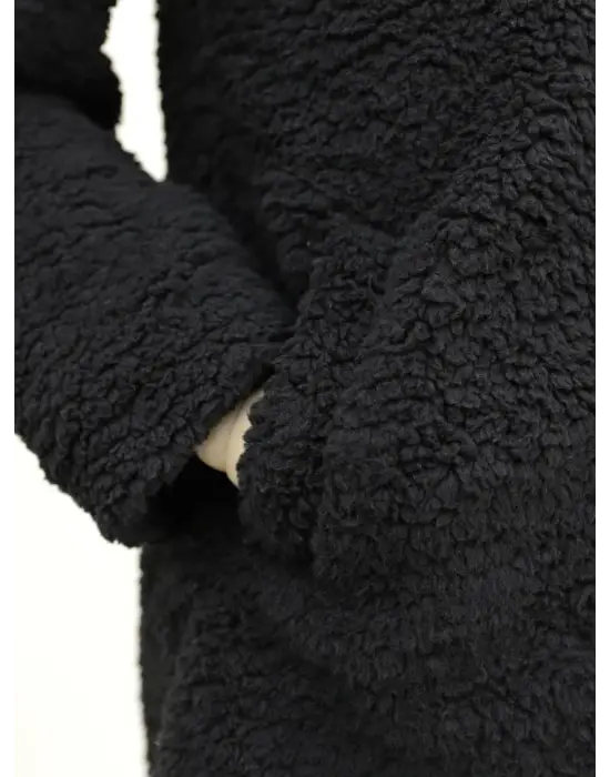 Çift Düğmeli Astarlı Yan Cepli Peluş Kaban -Siyah