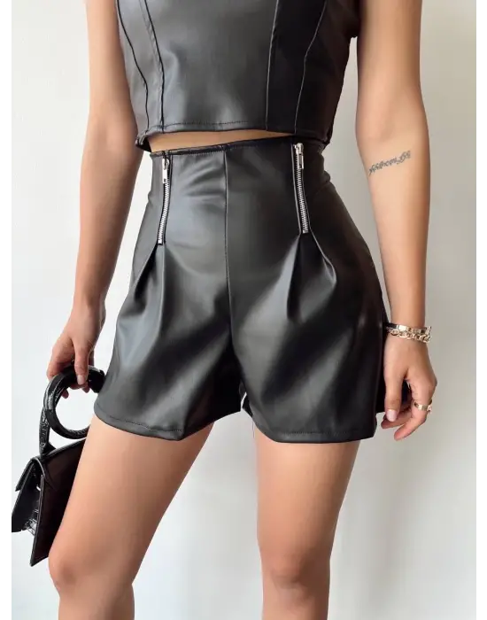 Çift fermuarlı deri şort h24394