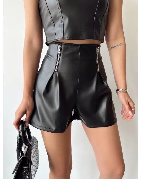 Çift fermuarlı deri şort h24394