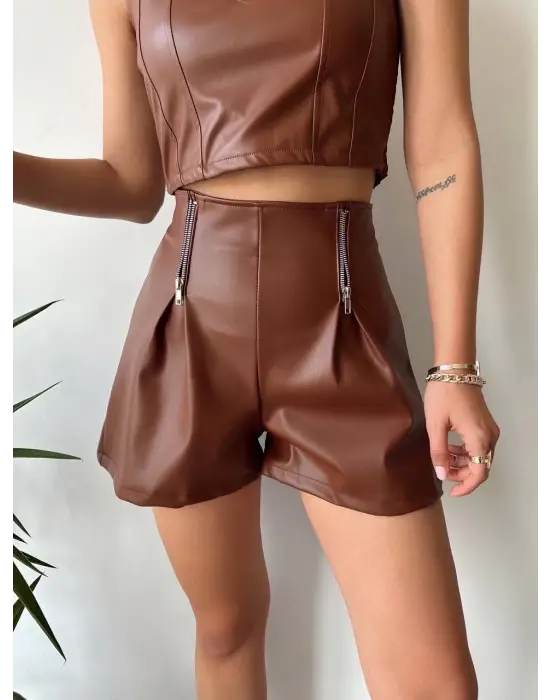 Çift fermuarlı deri şort kahve h24394