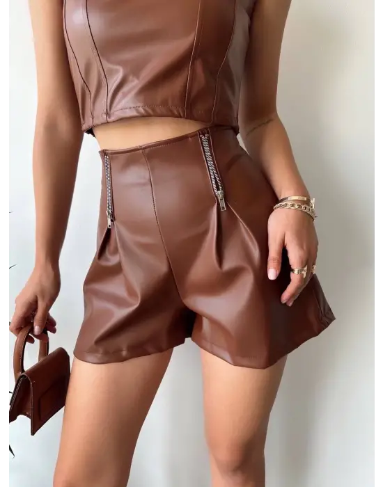 Çift fermuarlı deri şort kahve h24394