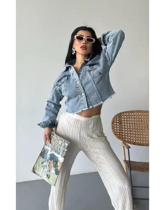 Çift kapaklı püsküllü crop buz mavi d2002