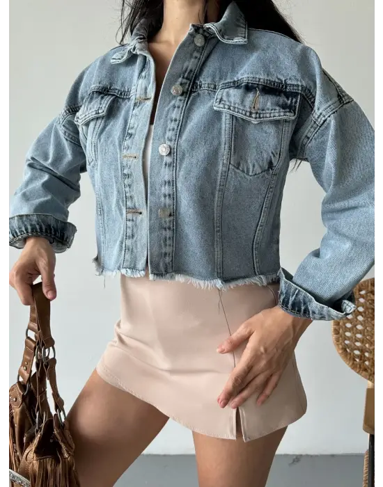 Çift kapaklı püsküllü crop buz mavi d2002