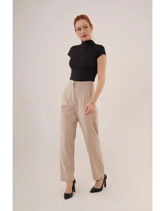 Çift Pens Detaylı Krem Pantolon