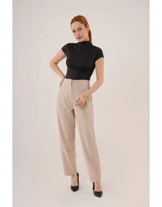 Çift Pens Detaylı Krem Pantolon