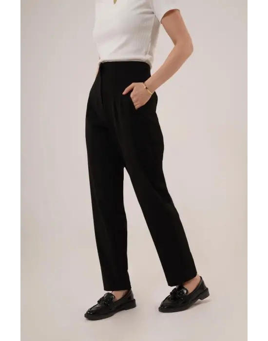 Çift Pens Detaylı Siyah Pantolon