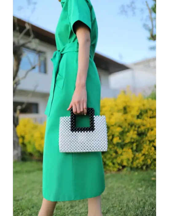 Çift renkli inci el yapımı çanta beyaz