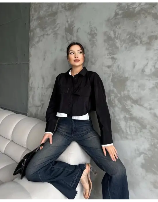 Çift renkli kısa gömlek siyahbeyaz s4021