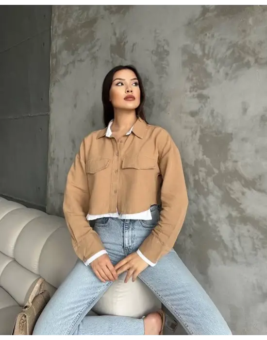 Omarı Çift Renkli Kısa Gömlek Vizon ve Beyaz - Trendy Stil