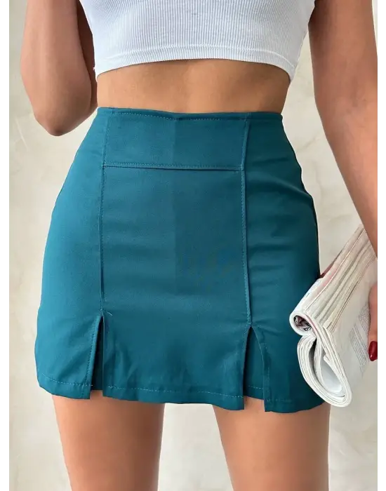 Çift yırtmaçlı atlas şort etek petrol yeşili s240364